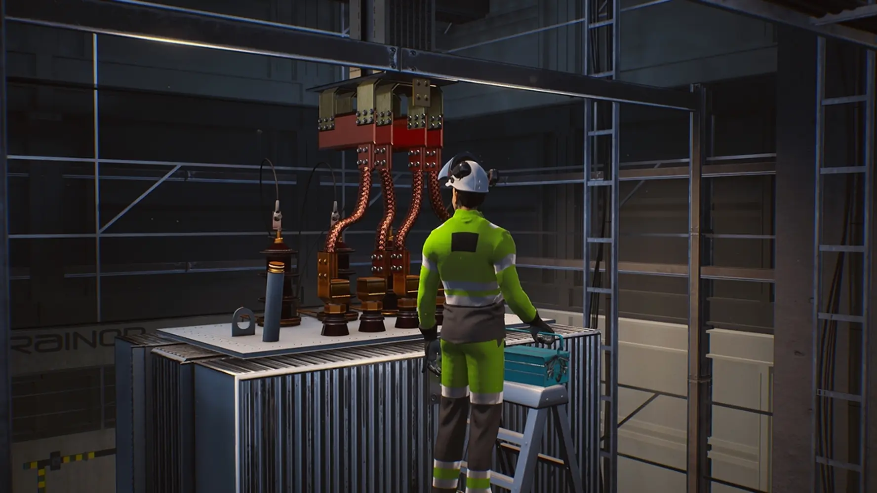  Person with tool box on top of a ladder next to a transformer